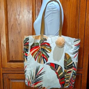 Eccolo canvas and leather tropical palm leaves print beach tote pompom accent